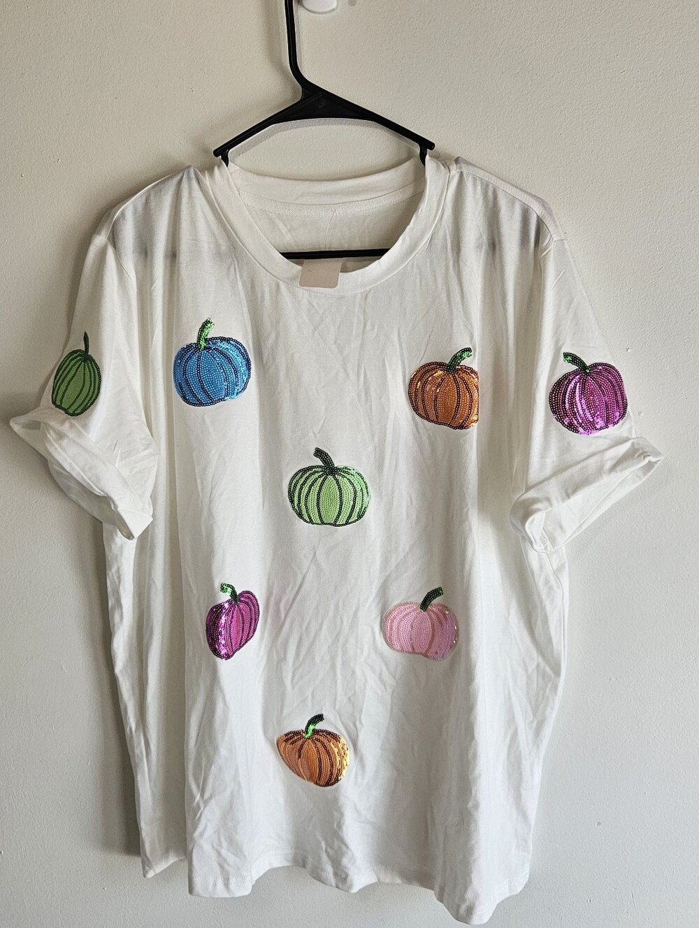 Colorful Sequin Pumpkin Halloween T-Shirt Short Sleeve White XL